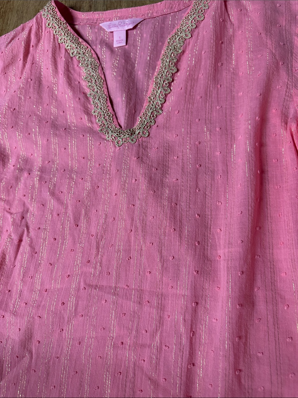 Lilly Pulitzer Esme Lurex Crinkle gold trim stripe cotton light pink tunic dress - Picture 3 of 5